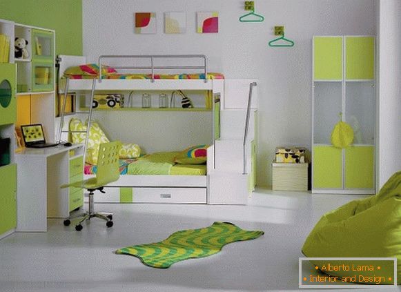 Модерен дизајн на ентериерот на детска спална соба во светло зелена шема на бои