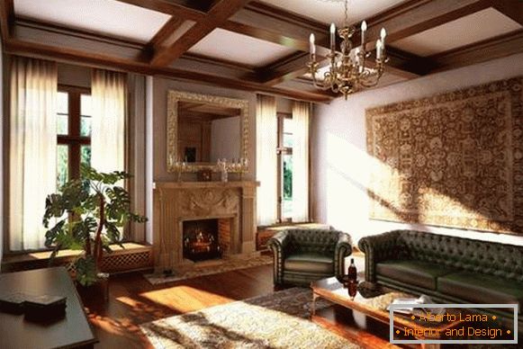 Внатрешноста на дневната соба со камин во приватна куќа - класичен стил