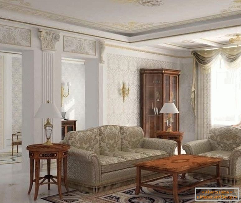 Табела светилки, sconces во дизајнот на дневната соба во класичен стил