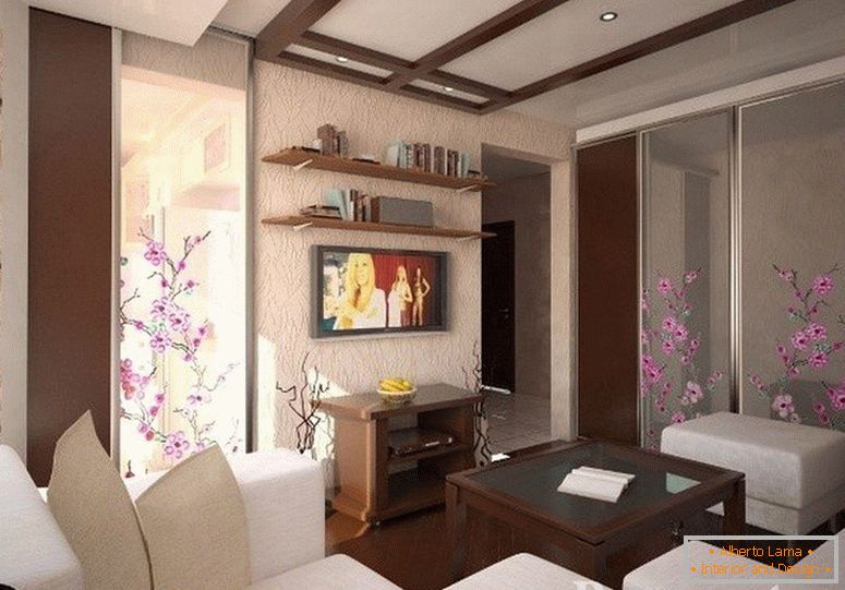 Комбинацијата на бел и кафеав мебел во дневната соба