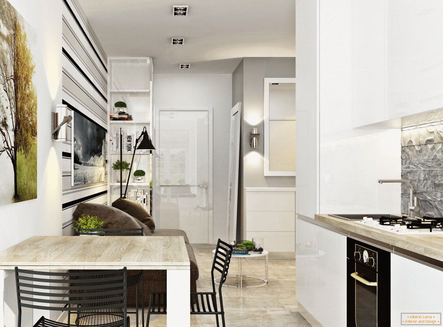 Внатрешноста на кујната и трпезаријата во стилот на белиот минимализам