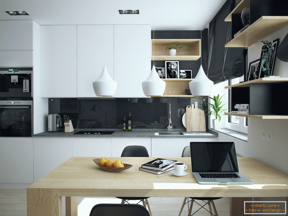 Внатрешноста на мал стан во контрастни бои - кухня