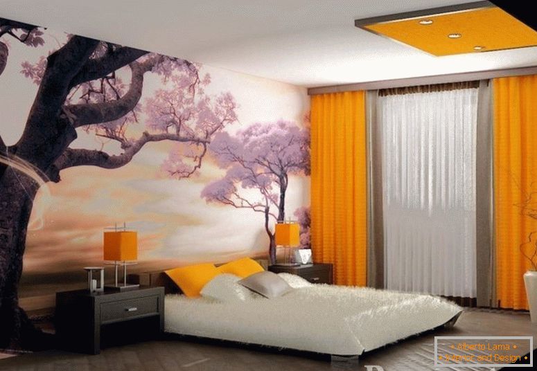 Фото позадини со сакура и портокалови завеси во спалната соба