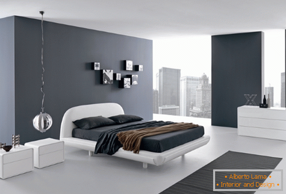 Црна и бела спална соба во високотехнолошки стил