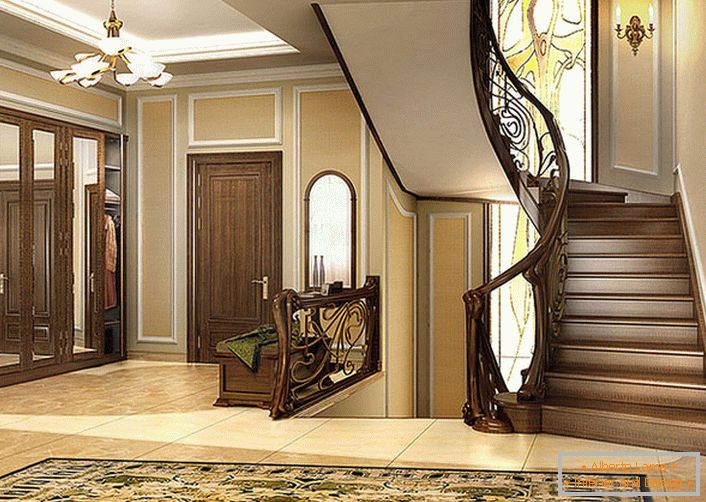 Елегантната комбинација на мазни линии и топлина од природно дрво е главната карактеристика на модерен стил. На скалите и внатрешноста на куќата изгледа како еден. 