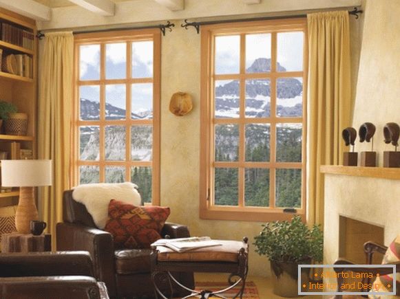 Дизајн на прозорец во дневната соба - слика на дрвени прозорци