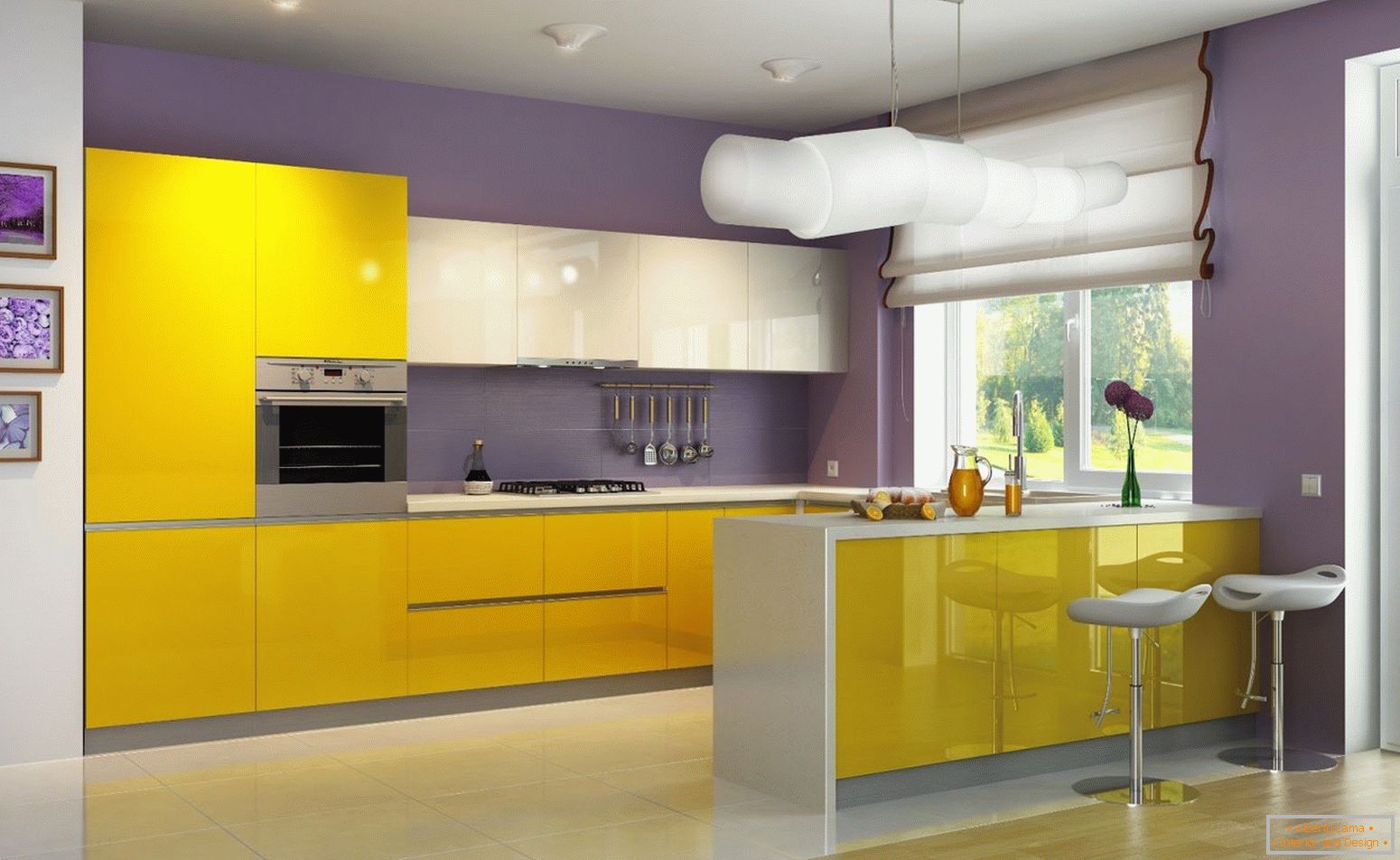 Комбинацијата на жолти и виолетови цвеќиња во кујната