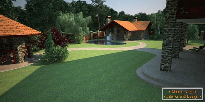 Дизајнот на дворот на селската куќа е направен земајќи го предвид слетувањето на англискиот тревник. 