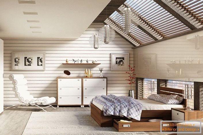 Спалната соба на таванот во скандинавски стил е украсена со модуларен мебел.