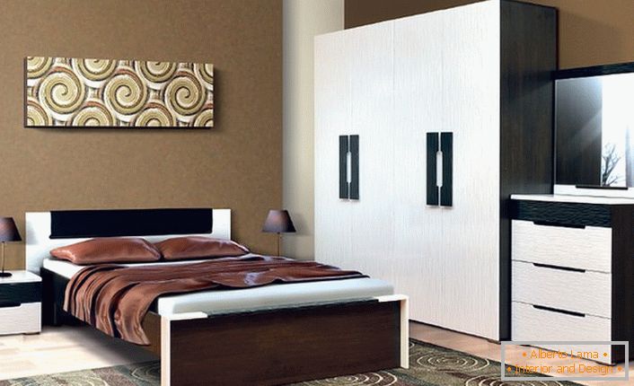 Модуларен мебел изгледа совршено во спалната соба Венге. 