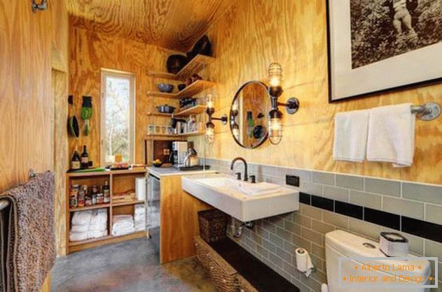 Мала евтина дрвена куќа во САД: туалет и кухня