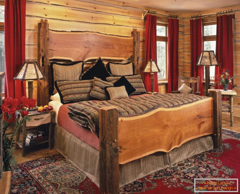 извонредни светилки-и-фантастични-кревети-во-рустикални-спални-идеи-со-традиционален-црвен тепих