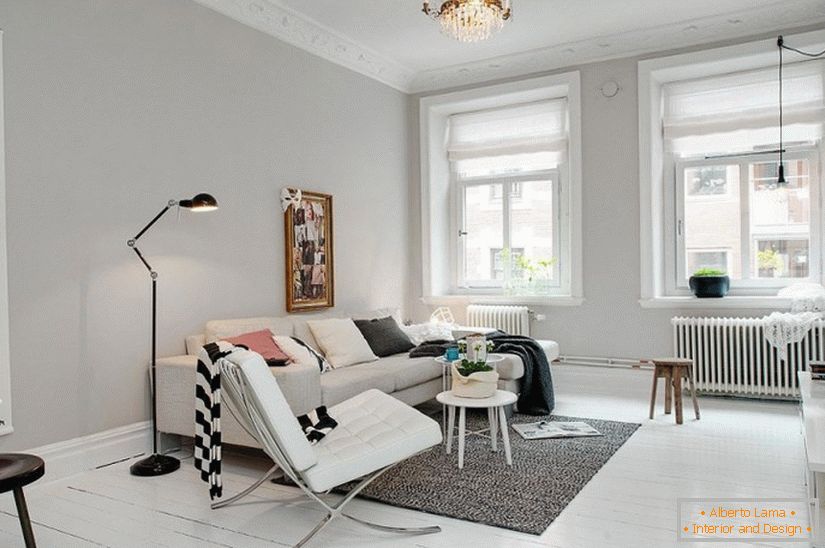 Дневната соба на студиото стан во скандинавски стил