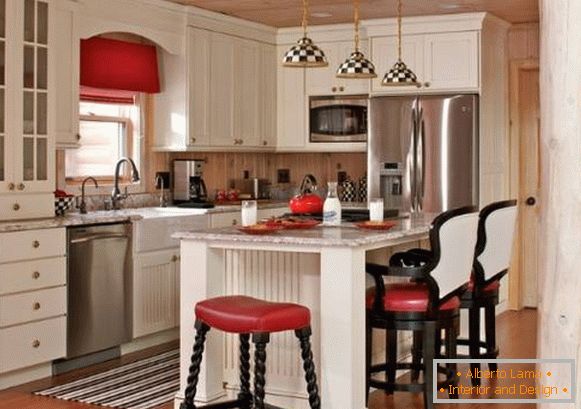 Светла кујна внатрешноста во земјата стил - фотографии во црно-бели и црвени бои