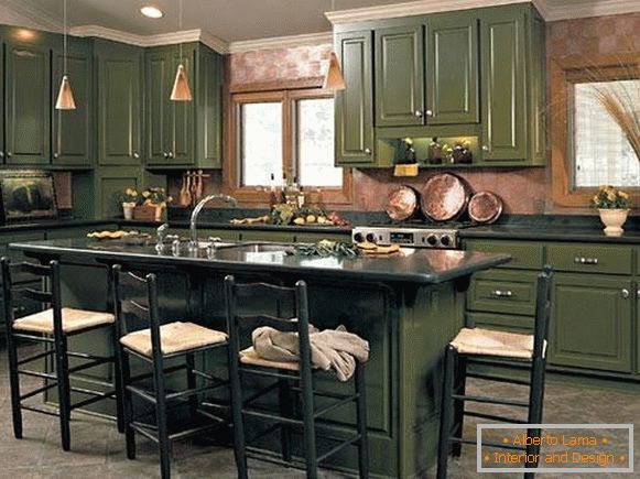 Која боја е модерна во 2017 година - фото темно зелена кујна