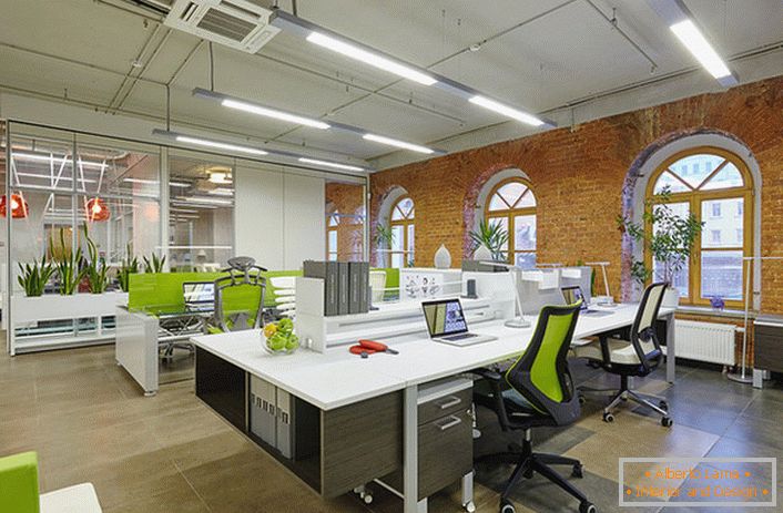За да се дизајнира канцеларија во стилот на мансарда, се користи многу жив зеленило, што ја прави собата атмосфера и ги прилагодува вработените на работно расположение. 