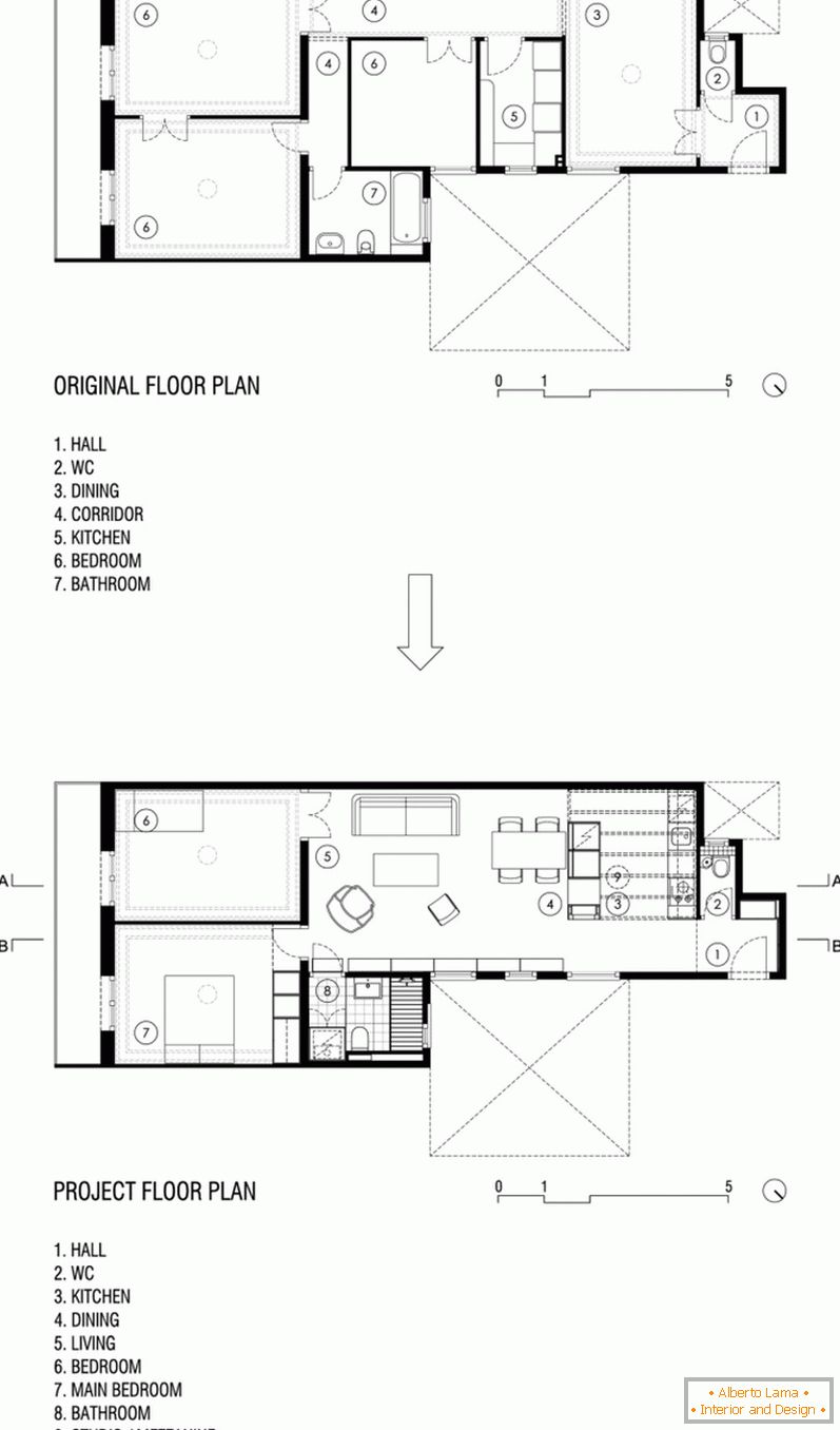 Распоред на стан со високи тавани пред и по поправки