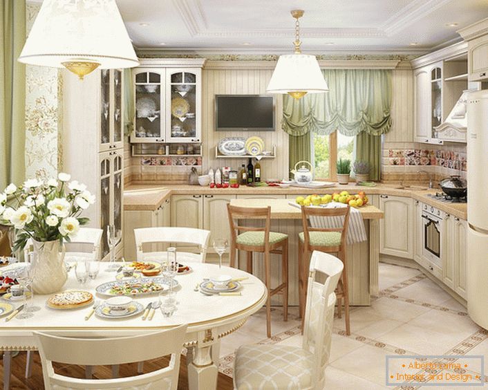 Кујната, организирана во стилот на земја, се комбинира со дневната соба. Правилната распределба на светлината и декоративните акценти ја прави собата привлечна и префинета.