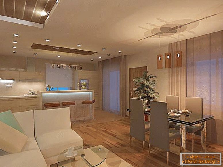Минималистичката дневна соба е комбинирана со кујната. За минималистички стил, употребата на тавански лустери не е типична, најдобра опција е точка осветлување на LED.