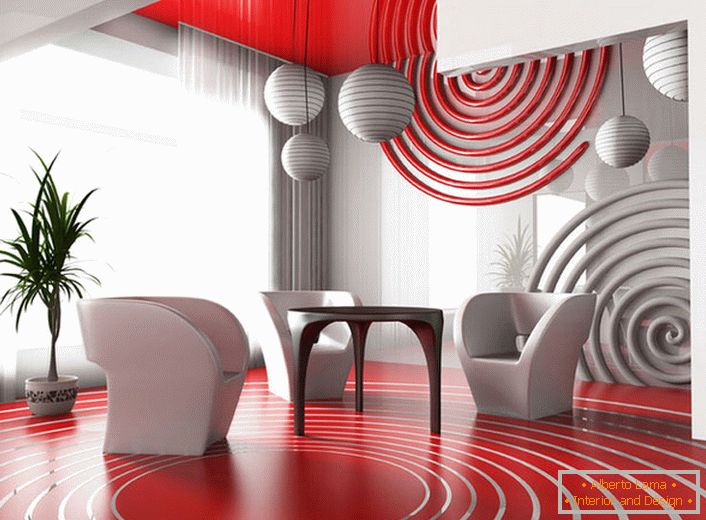 Јадење област во авангарден стил. Комбинацијата на светло-црвена боја со неутрална сива изгледа профитабилна.