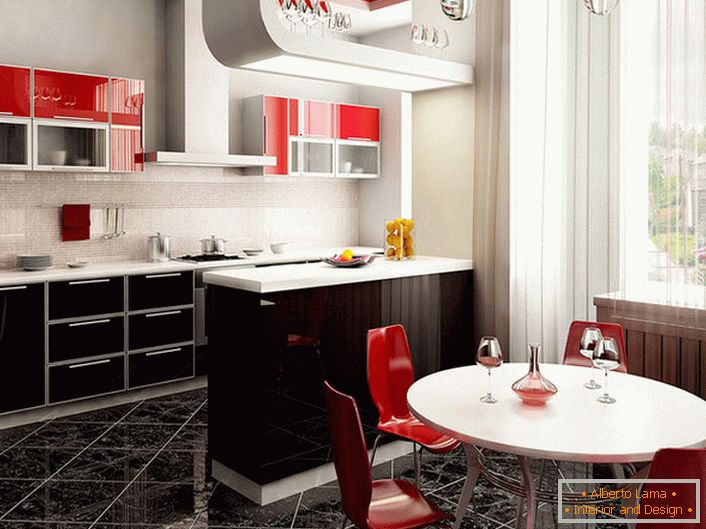 Класичната комбинација од бела, црвена и црна боја. Прекрасен бар-контра одделувајќи ги работните и трпезариите.