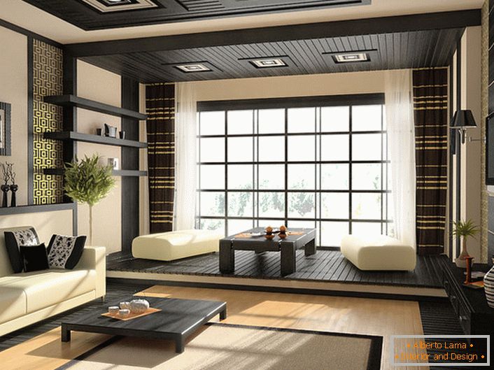Источната боја привлекува со својата благодат. Дневната соба во голема селска куќа е украсена во стилот на јапонскиот минимализам. 