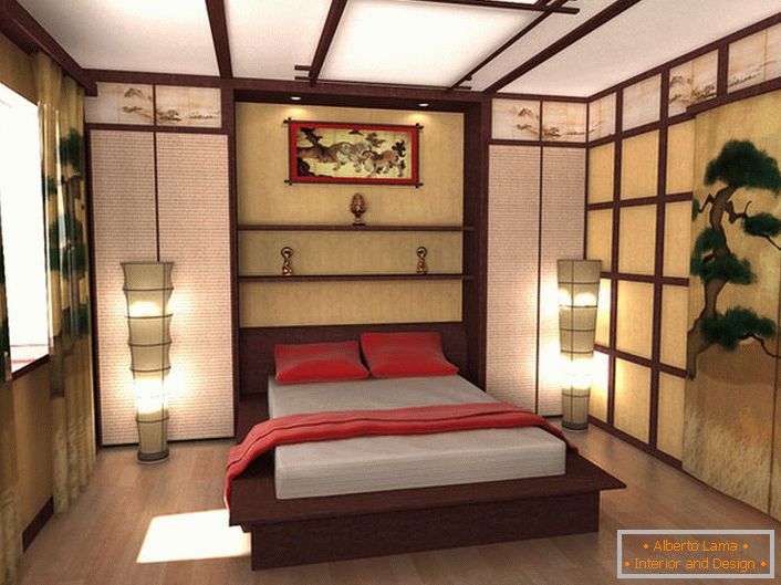 Дизајнерскиот проект на спалната соба во стилот на јапонскиот минимализам е дело на дипломиран студент на московскиот универзитет. Компетентната комбинација на сите детали од составот ја прави стилската и ориенталната соба во рафинираност.