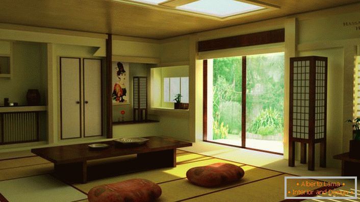 За присуството на јапонски минимализам во дневната соба во селска куќа го кажува вистинскиот мебел. Ниската маса е идеална за домашно пиење чај. 