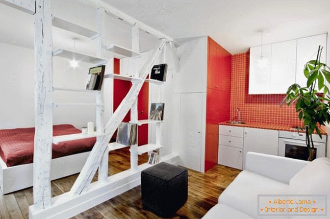 Студио стан во бела и црвена боја