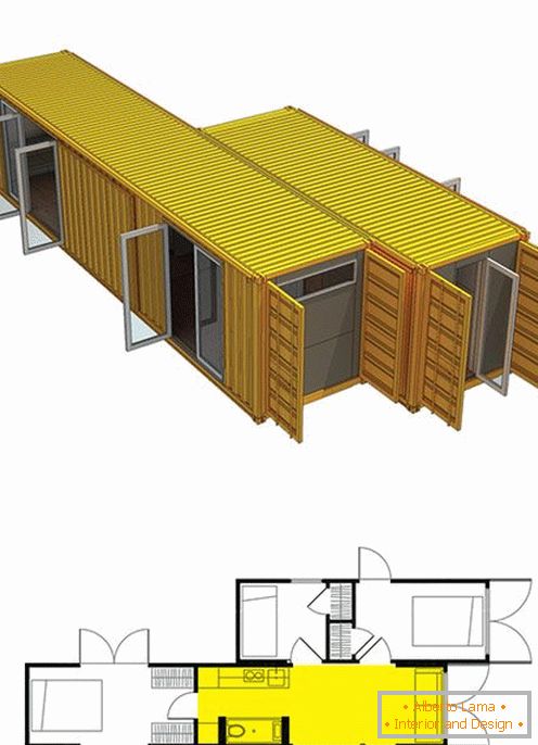 Современа куќа од контејнери. Варијанта на куќи од 2 модули
