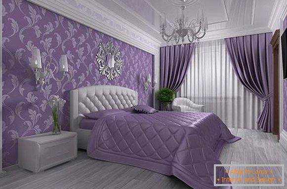 Виолетова позадина во спалната соба во стилот на луксуз