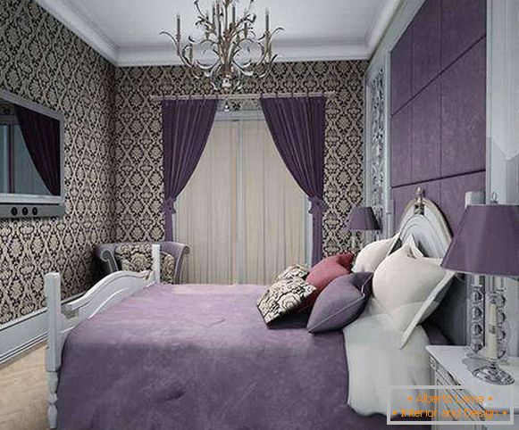 Спална соба во пурпурни тонови - фотографии со шарена позадина