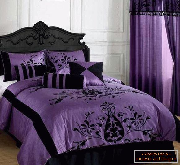 Виолетова спална соба - фото во комбинација со црна боја