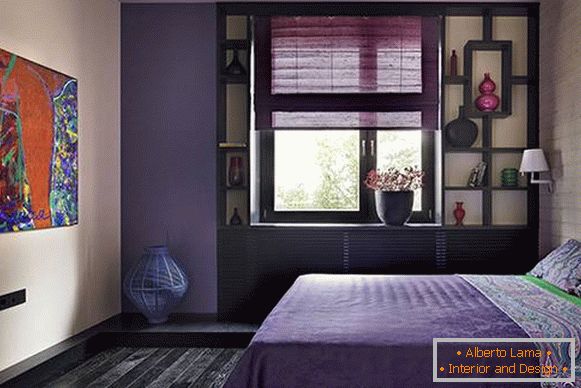 Спална соба во пурпурна боја - фотографски дизајн со темно дрво