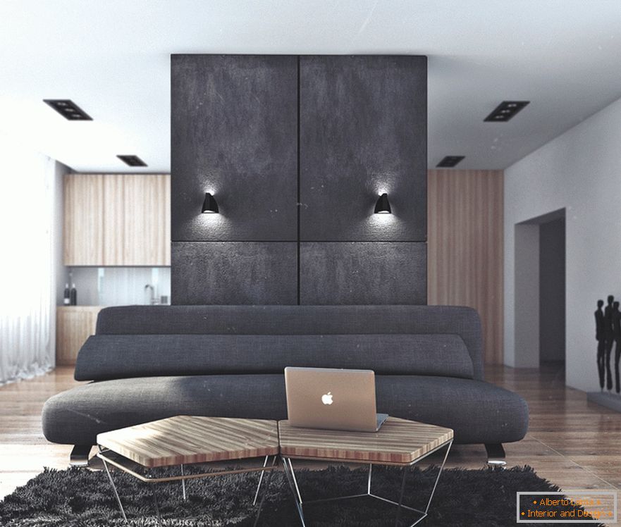 Комбинацијата на црно и дрво во дневната соба во стан за успешен диплома во Русија