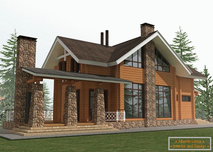 Дизајнерскиот проект на селска куќа во стилот на вила се базира на употребата за изградба на дрвена рамка и природен камен.