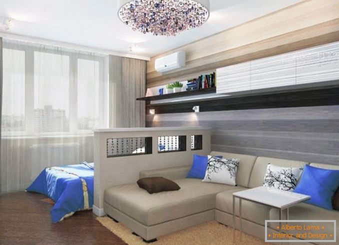 Дизајн на двособен стан со детска соба - слика на комбинирана спална соба од дневната соба