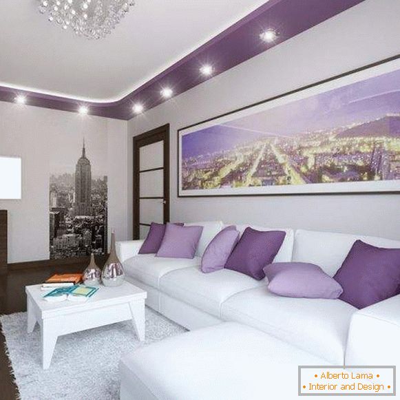 Модерен дизајн на салата во станот в белом и фиолетовом цвете
