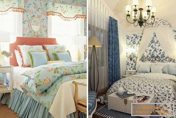 Завеси во стилот на Прованса за спалната соба - слика во комбинација со позадина