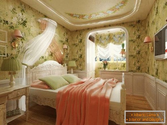 Комбинацијата на бои во внатрешноста на спалната Прованса - завеси и позадина