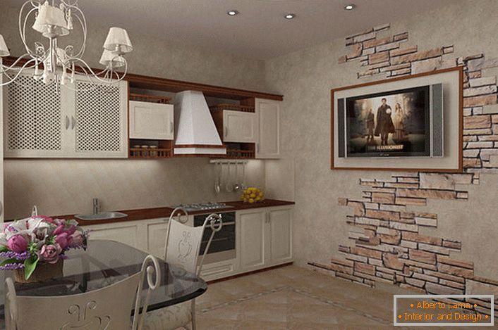 Дизајн проект за дизајн на мала кујна во земјата стил. Боите на светлосниот мебел, во контраст со темно кафеави тавански столчиња и висечките полици, ја прават кујната визуелно попространа. Интересно е и декорација на ѕидот со помош на природен камен.