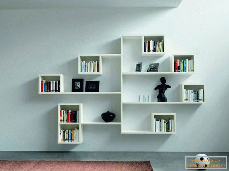 мебел-внатрешен-шармантен-бел ѕид-монтирање-коцка-книга-полици-на-кул-ѕид-полици-кул-ѕид-полици-декорација