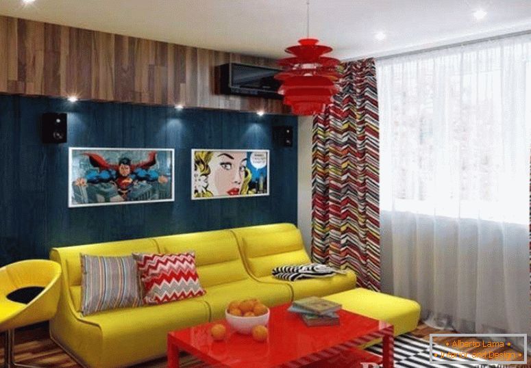 Комбинацијата на жолто и црвено мебел во собата