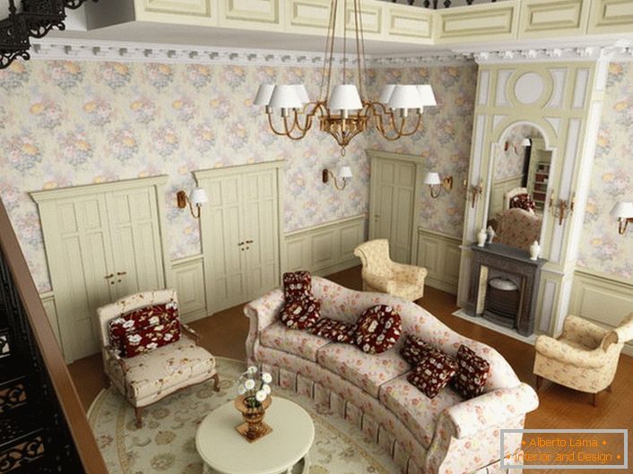 Дневна соба во стил земја на првиот кат од голема куќа во предградијата. Во согласност со стилот, мек мебел е избран од ткаенина со цветна шема.