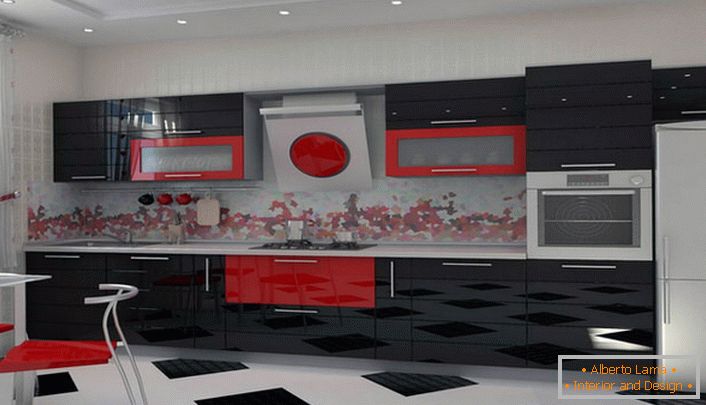 Комбинацијата на богата црвена и контрастна црна е идеална за украсување на кујната во стилот на Арт Нову.