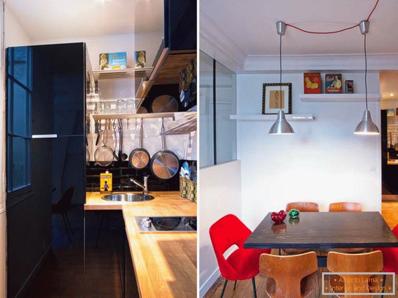 Кујна и трпезарија на мал студиски стан во Париз