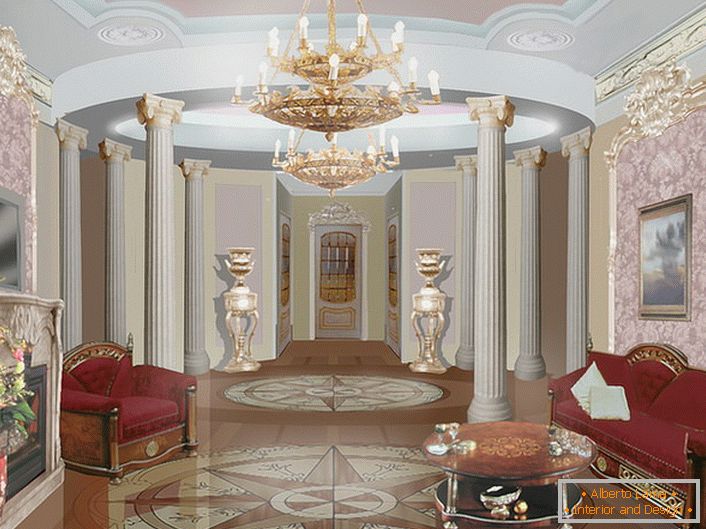 Величествен масивен мебел од дрво со бујна тапацир и мала маса за кафе во тонот - соодветно опремена соба за гости во барокен стил.