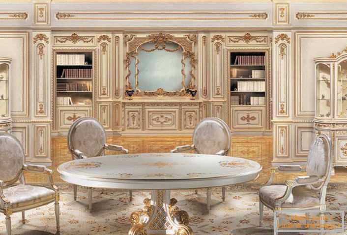 Дизајн проект во барокен стил за голема дневна соба. Дрвени столици и маса се изработени во еден стил.