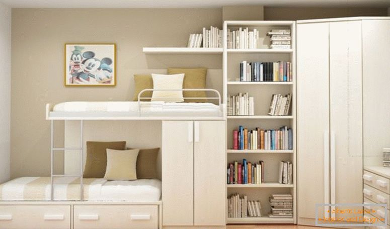 бело-дрвени-легло-лежај-со-складирање-исто така-фиоки-во комбинација-со-книги-полици-и-агол-гардероба-на-на-агол-на-крем-ѕид-соба