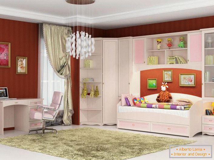 Стилска соба за млада мода. Модуларен мебел за деца е направен во розева и бела боја - што ви треба за девојче.